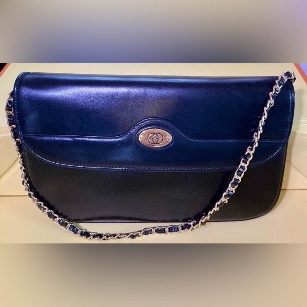 Vintage Gucci Black Leather Chain Shoulder Bag GG Logo Authenticated Classic - Picture 3 of 11